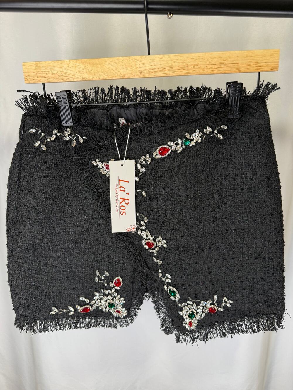 La’Ros Women’s Black Tweed Jeweled Mini Skirt Size S Rhinestone Fringe NWT